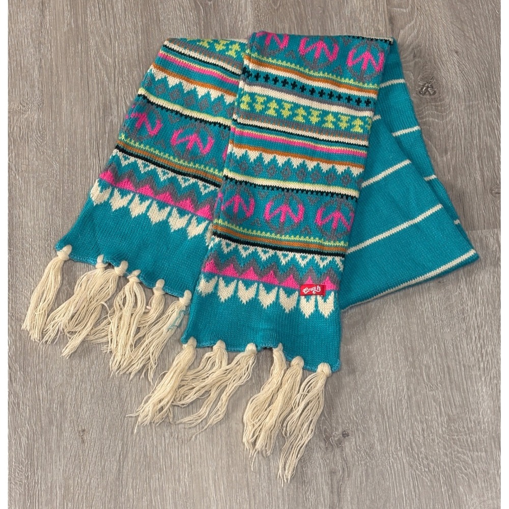 Crush Turquoise Blue Knit Scarf Peace Sign Fair Isle Boho Tassel Fringe Scarf